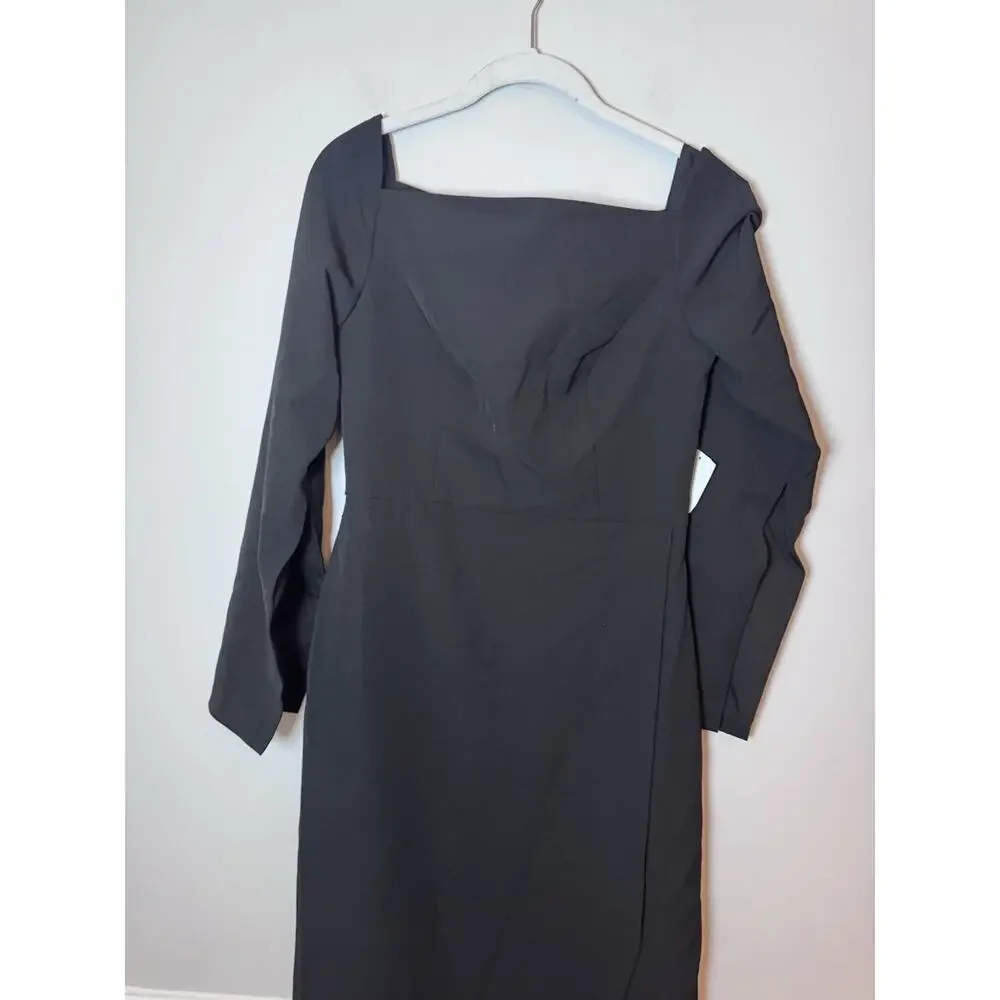 Kay Unger Black Midi Dress Split Sleeve Slit On Leg Sz 4 NEW